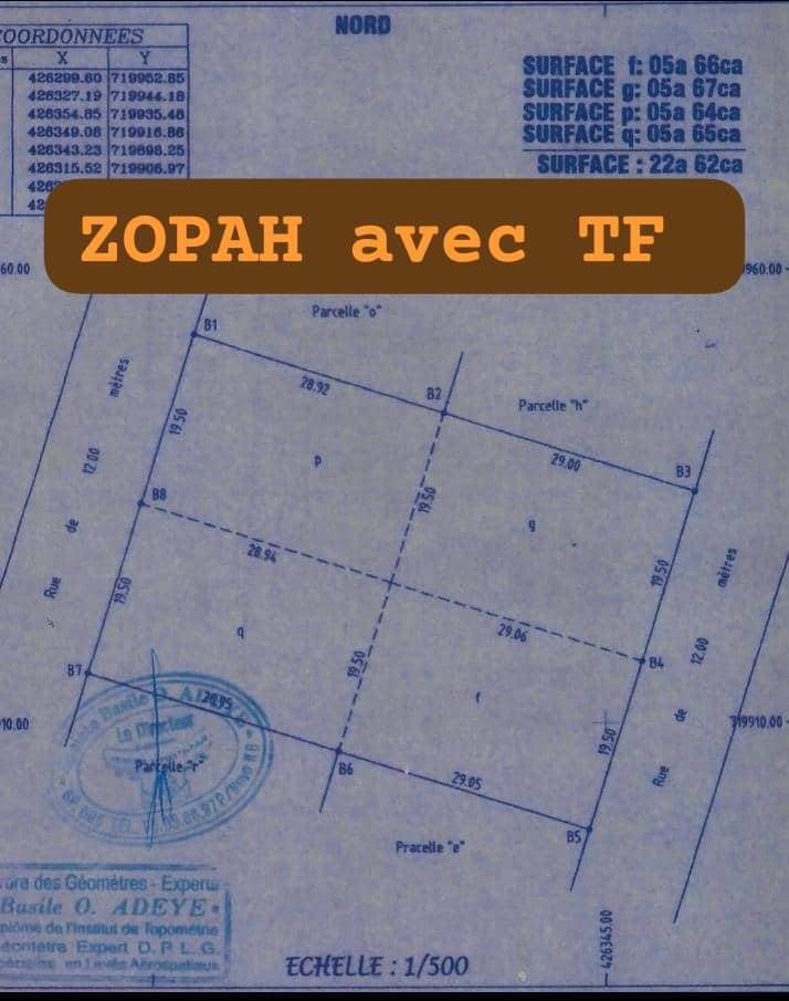 Vente d'un lot de 4 parcelles contiguës (~565 m² chacune) avec Titre Foncier à Abomey-Calavi ZOPAH